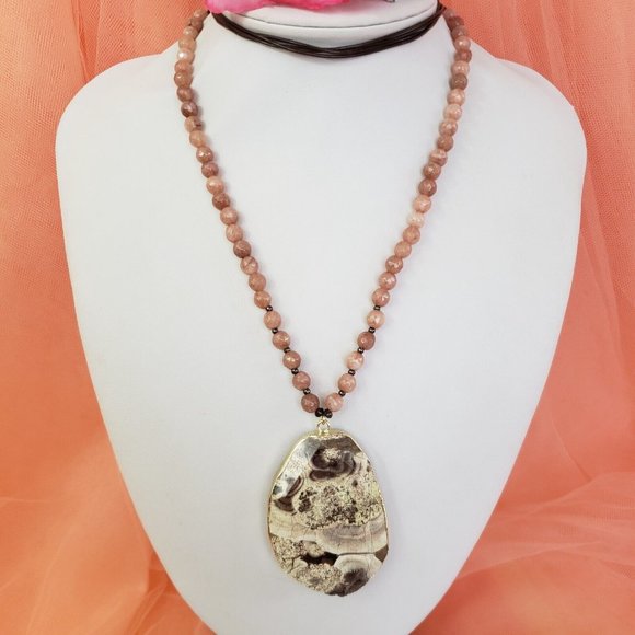 Large Gray & White Jasper Stone Pendant on Brown Cord Necklace Pink Agate Beads - Picture 9 of 12